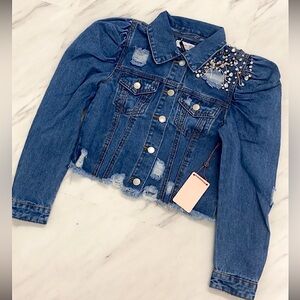 new Puff sleeve denim jacket long sleeve jewel detail